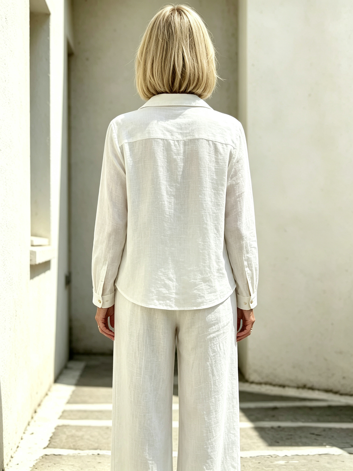 2 Piece Casual Outfit Set, Polo Collar Long Sleeve Button Front Blouse, Loose Solid Color Top, Elastic High Waist Wide Leg Trousers, Full Length Palazzo Pants, Soft Lightweight Textured Fabric, Relaxed Fit Matching Suit for Daily Wear, Vacation and Commut