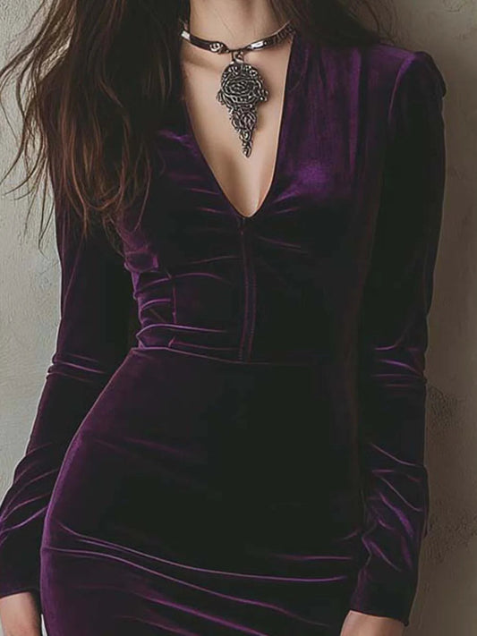 Elegant purple velvet slim-fit long-sleeved midi dress
