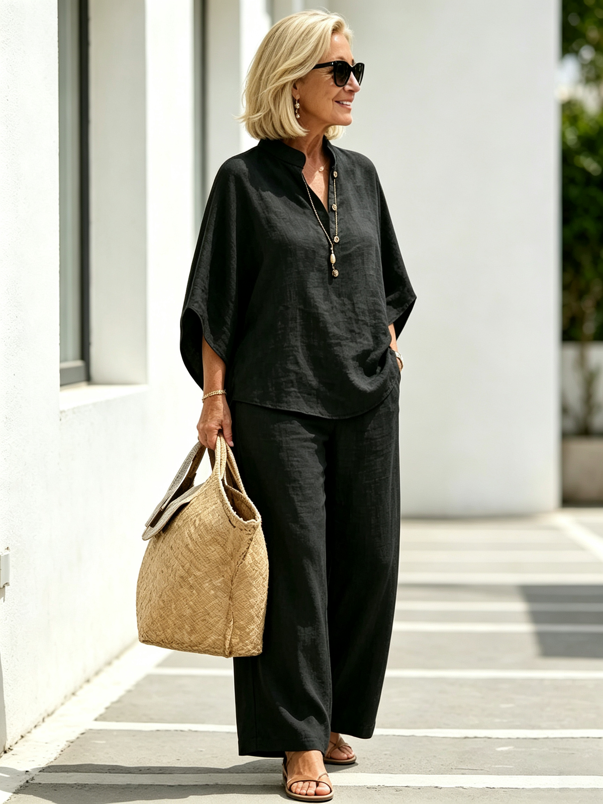 2Pcs Cotton and Linen Stand-up Collar Seven-quarter Sleeve Loose Sleeve Casual Suit