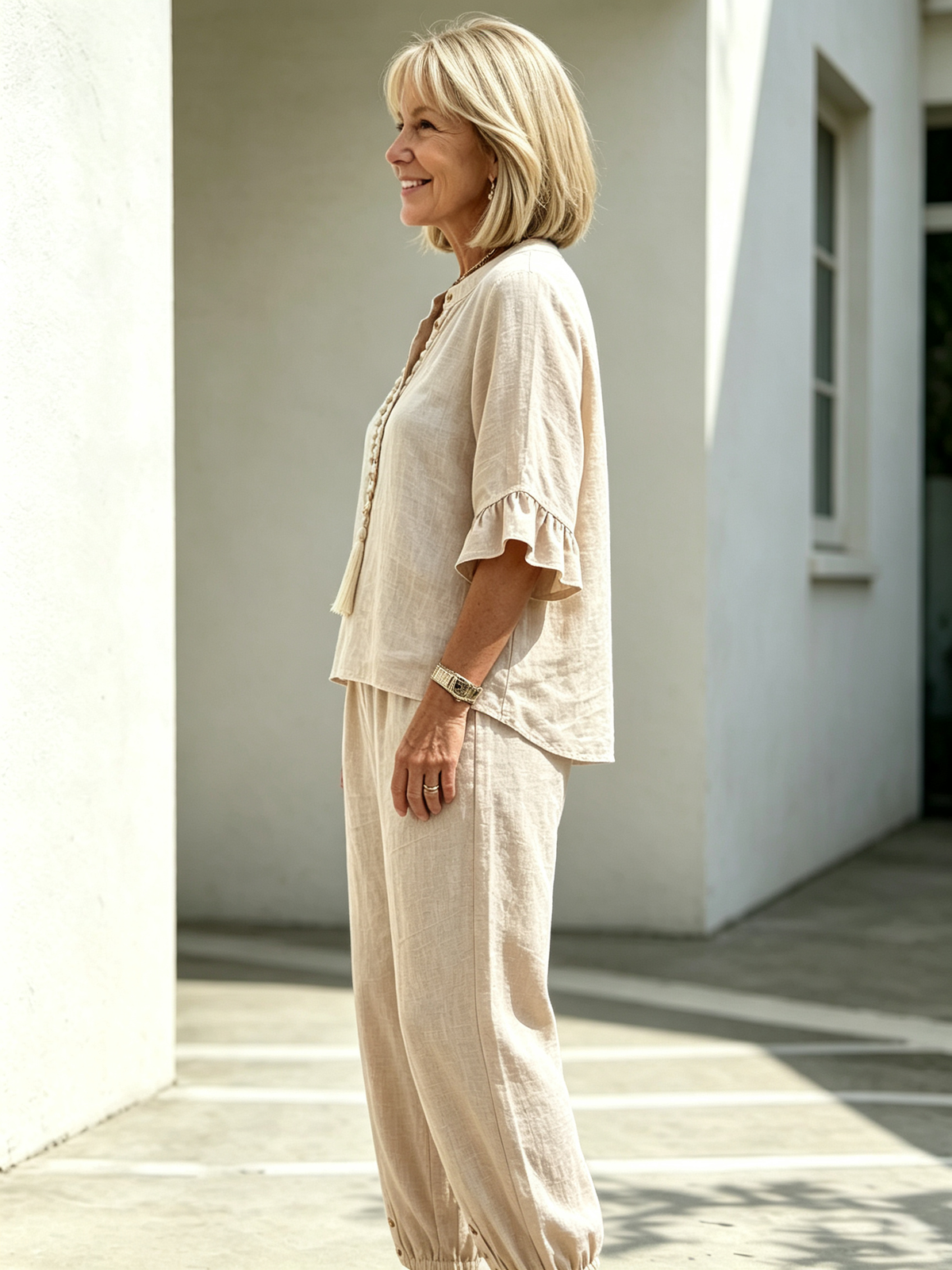 2Pcs Casual Matching Outfit Set, Mandarin Collar Half Button Top, Ruffle Edge Seven-quarter Sleeve Blouse, Solid Lightweight Textured Fabric, Elastic Waist Nine-quarter Jogger Pants with Button Hem Detail, Relaxed Loose Fit Co-Ord Suit for Daily L