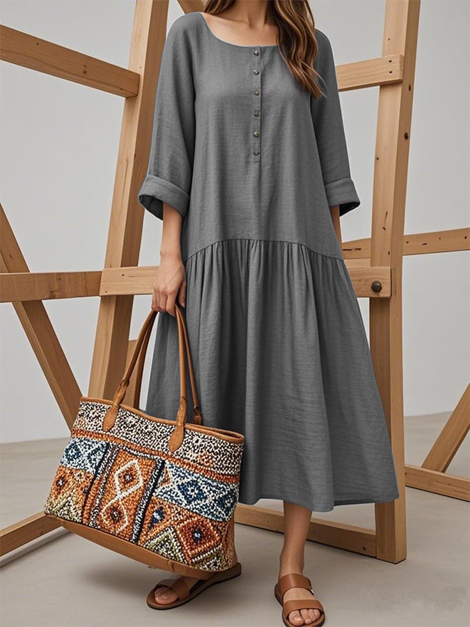 Women'S Solid Color Square Neck Retro Button A-Line Loose Holiday Dress