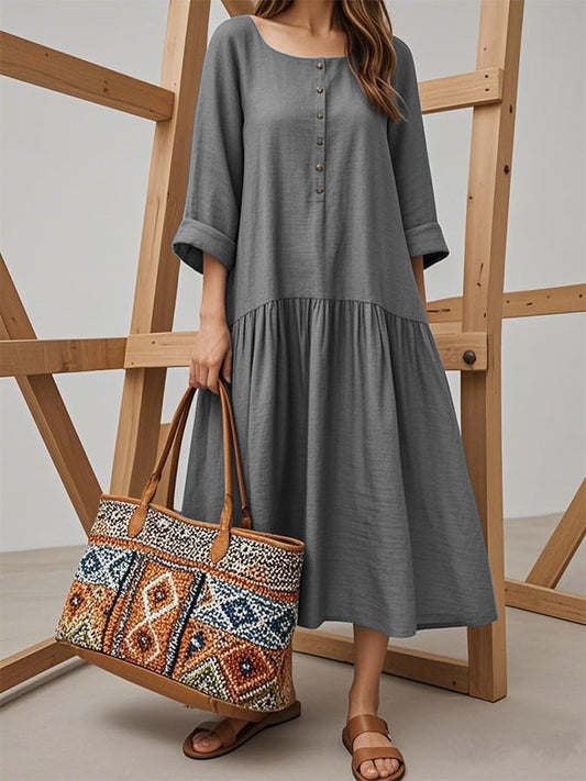 Women'S Solid Color Square Neck Retro Button A-Line Loose Holiday Dress