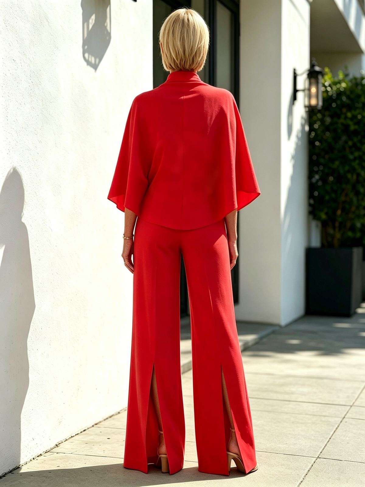 Solid Color 2 Piece Outfit Set, Semi High Mock Neck Cape Sleeve Blouse, High Waist Split Wide Leg Pants, Light Textured Woven Fabric, Relaxed Elegant Silhouette, Flowy Cape Top and Front Slit Trousers for Formal and Semi-formal Occasions