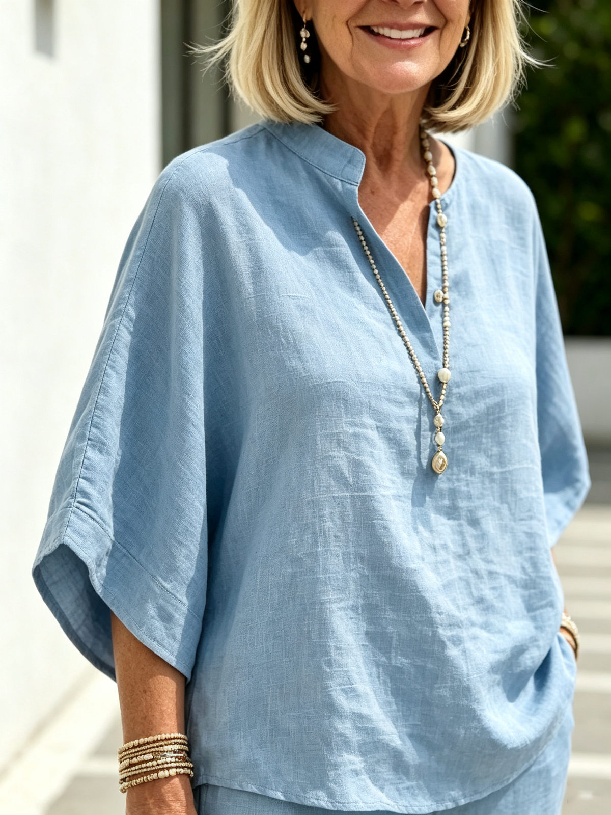 2Pcs Cotton and Linen Stand-up Collar Seven-quarter Sleeve Loose Sleeve Casual Suit