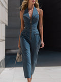 Denim Halter Neck Zip-Front Cropped-Leg Jumpsuit