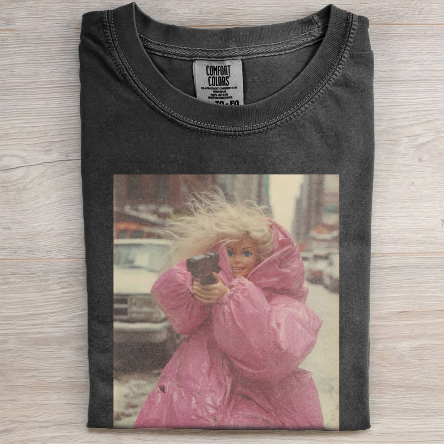 PINK DOLL FACE WITH A GUN VINTAGE TEE