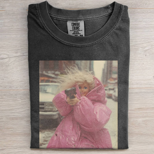 PINK DOLL FACE WITH A GUN VINTAGE TEE