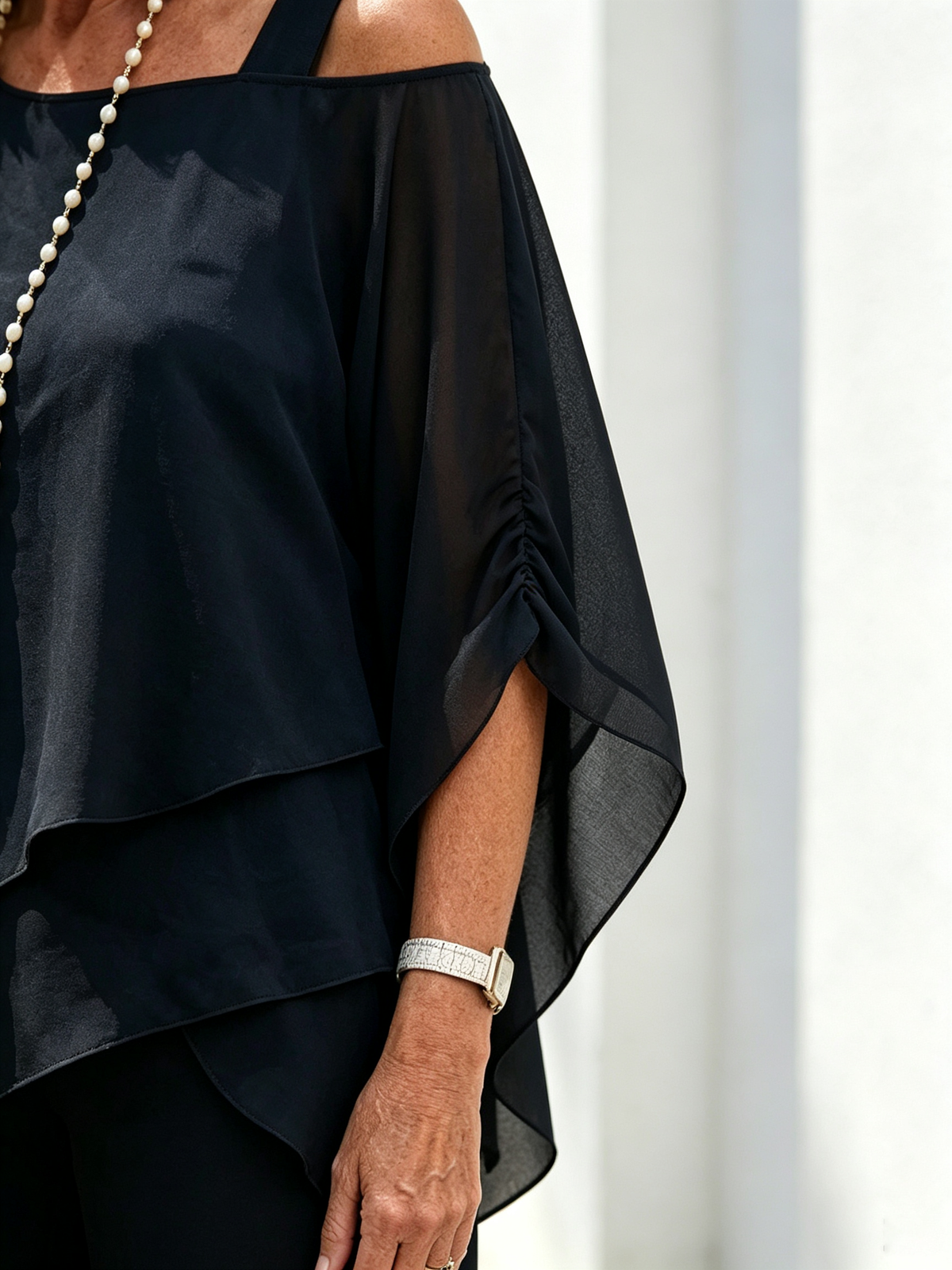 2 Piece Outfit Set, Cold Shoulder Asymmetrical Chiffon Batwing Sleeve Top, Irregular Layered Hem, High Waist Wide Leg Long Trousers, Lightweight Sheer Fabric, Elegant Flowy Pant Suit for Wedding, Banquet and Formal Events