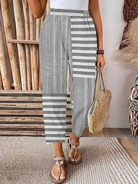Women'S Retro Casual Irregular Striped Cotton And Linen Pants