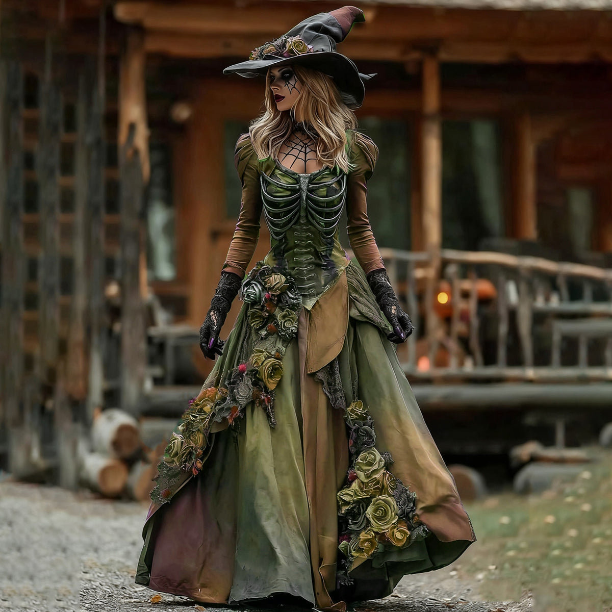 Vintage Witch Skull Rib Cage Rose Pattern Maxi Dress