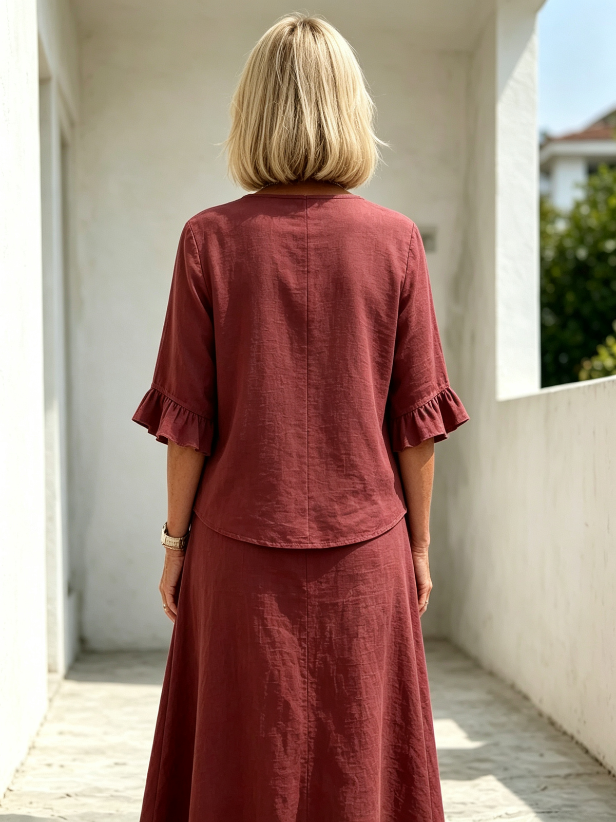 2Pcs Casual Matching Top and Skirt Set, V Neck Button Placket Blouse, Ruffle Edge Seven-quarter Sleeve, Solid Lightweight Linen-like Fabric, Loose A-line Midi Skirt, Relaxed Fit Co-Ord Outfit for Daily Wear and Vacation
