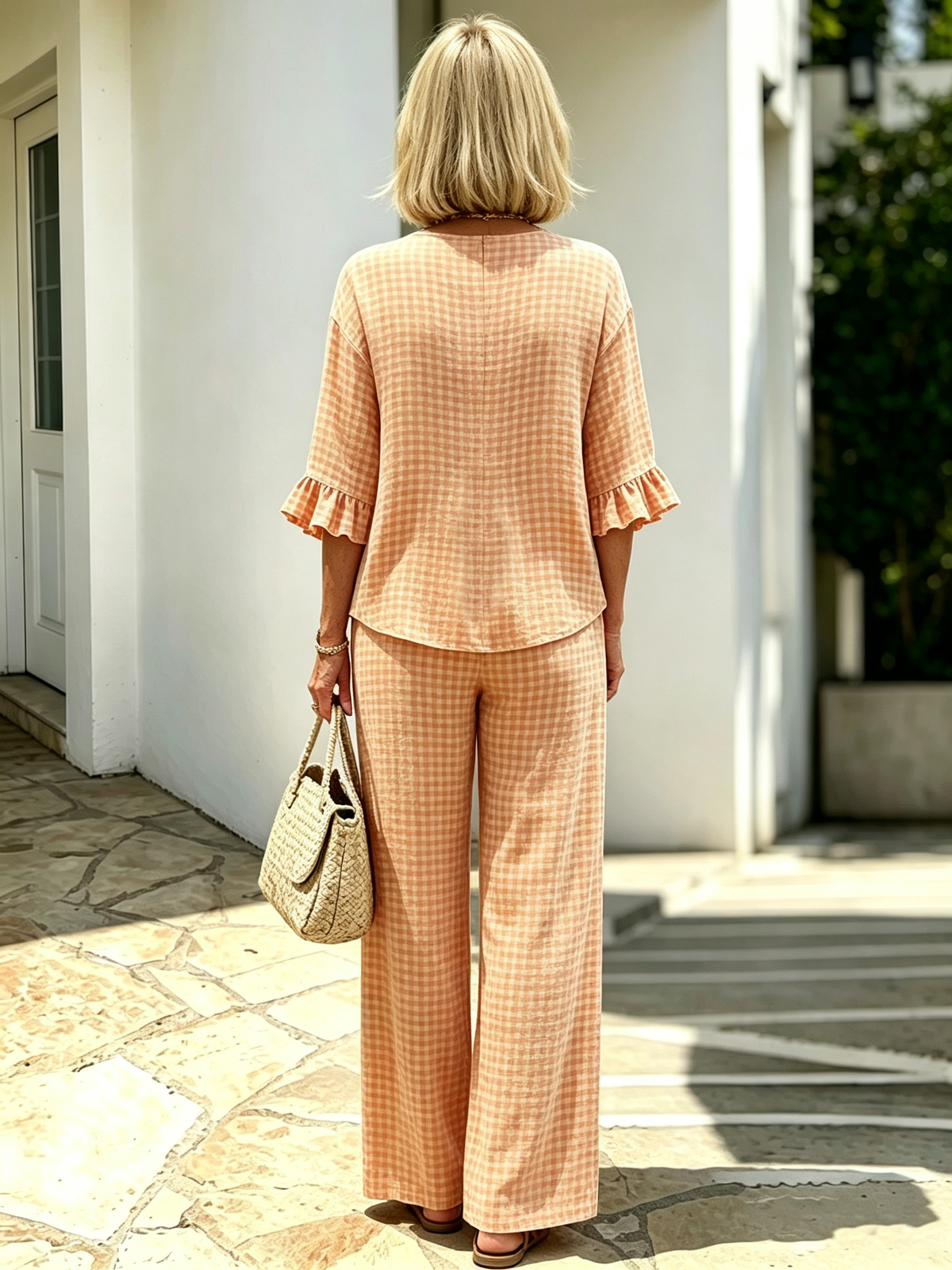 Women Elegant Linen Blend Plaid Two-Piece Casual Pant Set, Woven Textured Gingham Check Pattern Matching Outfit, Notch V-Neck Three Wooden Button Front Top With Ruffle Flared 7/4 Length Bell Flounce Sleeves, Loose High Waist Wide Leg Full Length Trousers
