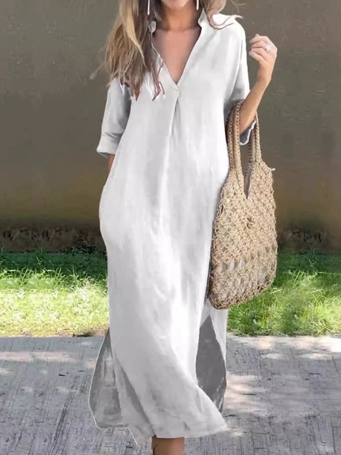 Women'S Casual Solid Color V-Neck Cotton And Linen Dress