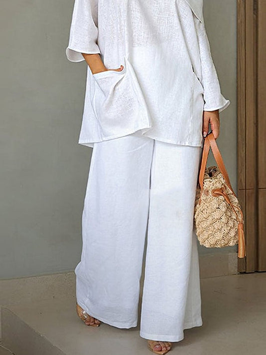 Women's Casual Solid Color Cotton and Linen Elastic Waist Wide Leg Pants