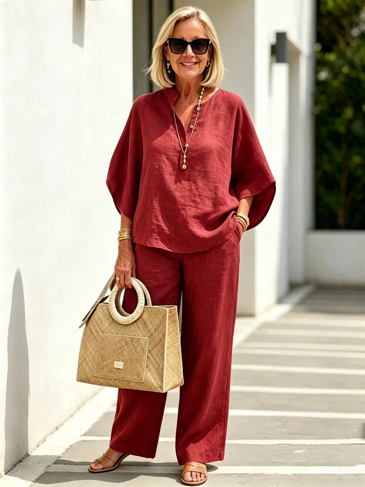 2Pcs Cotton and Linen Stand-up Collar Seven-quarter Sleeve Loose Sleeve Casual Suit