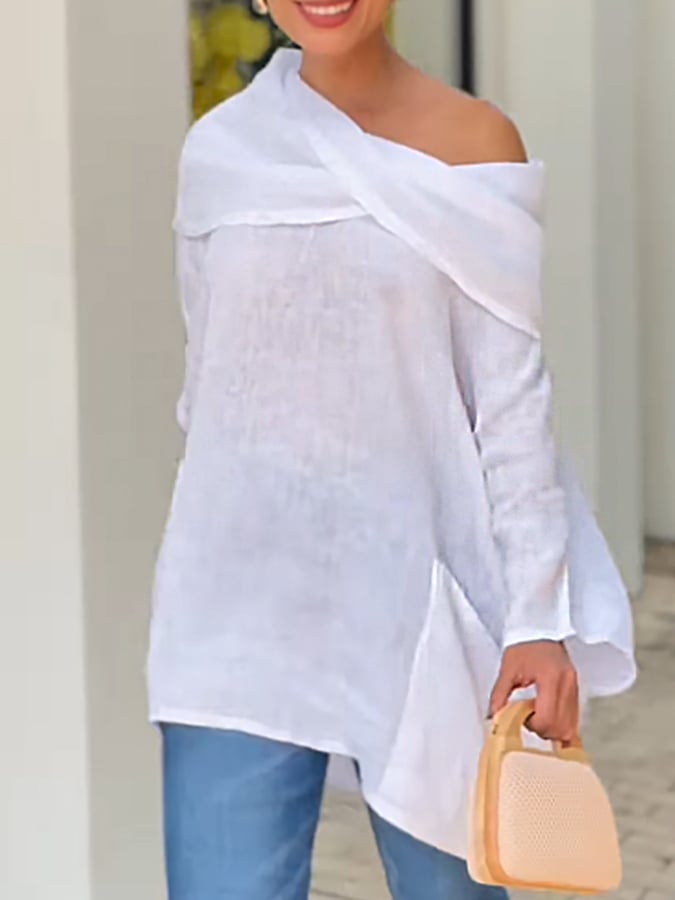 Women's Casual Solid Color Long Sleeve Cotton and Linen Top