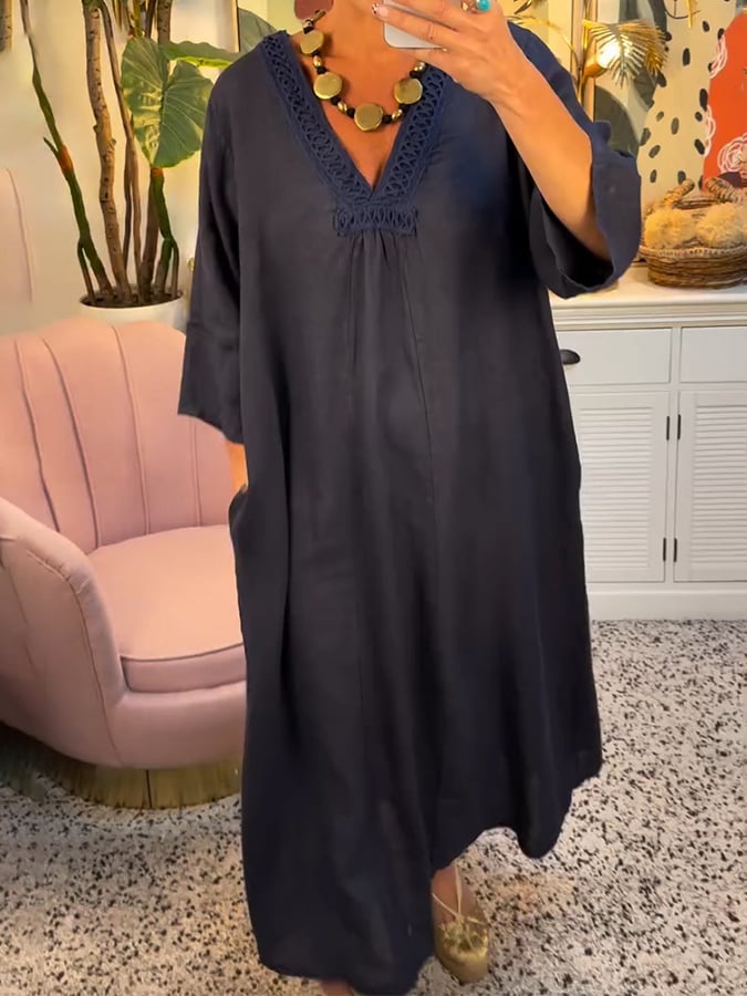 Women's Solid Color V-Neck Casual Loose Dress