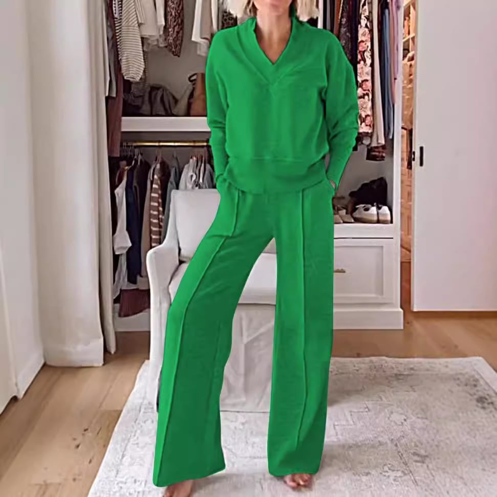 💥Women's Solid Color V-neck Top & Pants Two-piece Set(Buy 2 Free Shipping)