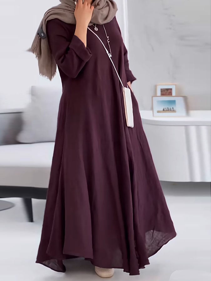 Women's Casual Solid Color V-Neck Long Sleeve Cotton and Linen Dress
