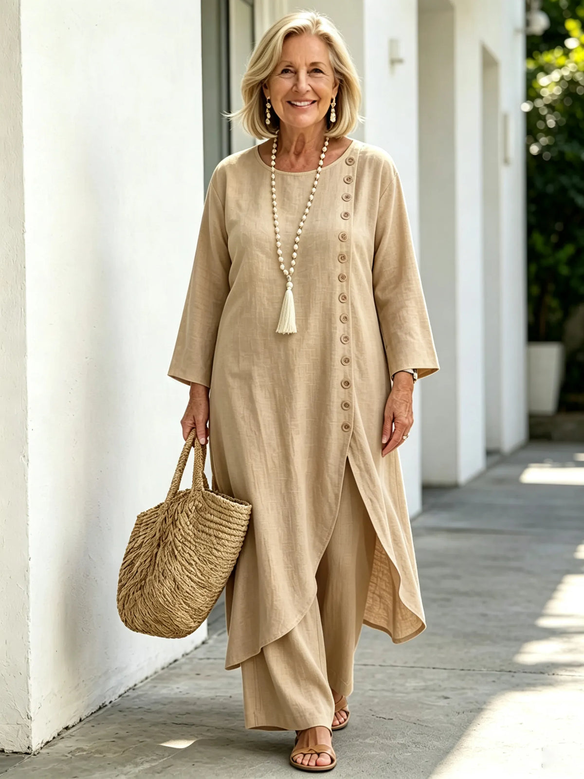 Casual Linen Long Irregular Single-breasted Top and Trousers Two-piece Set
