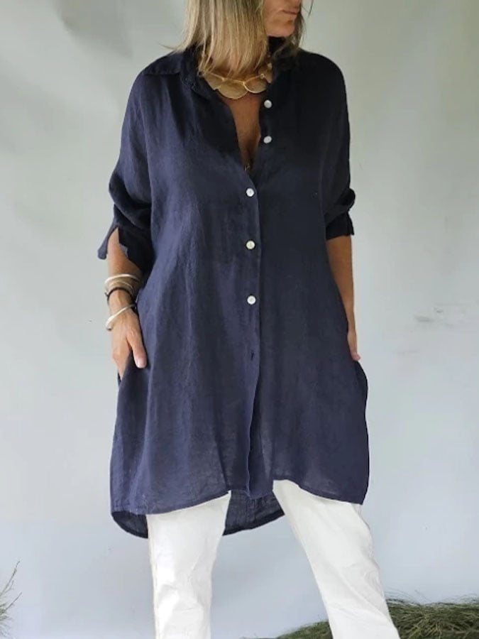Women's Casual Solid Color Lapel Long Sleeve Button Cotton and Linen Shirt