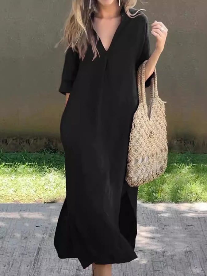 Women'S Casual Solid Color V-Neck Cotton And Linen Dress