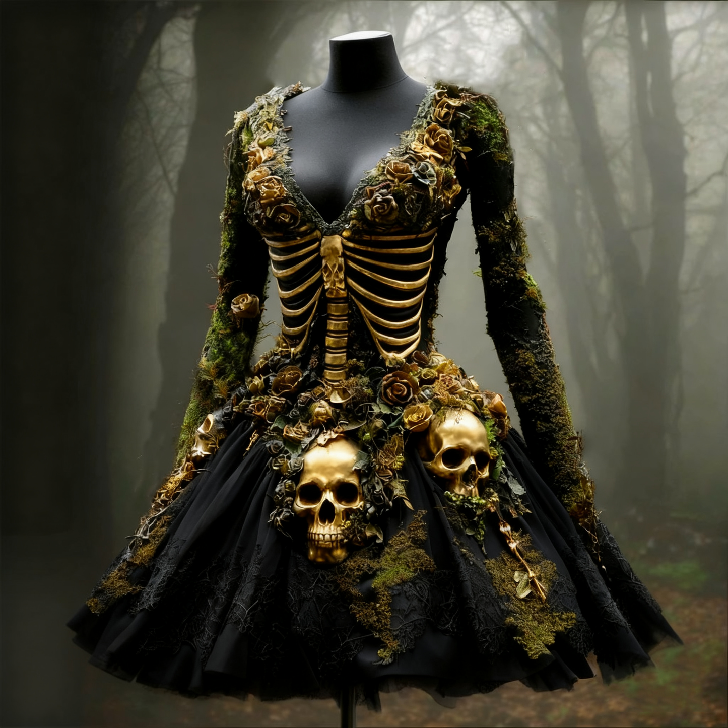 Women's Halloween Skull Flowers Moss Witch Midi Dress