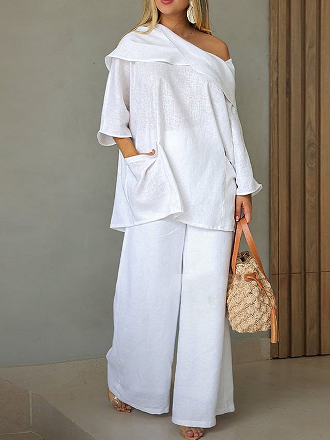 Women's Casual Solid Color Cotton and Linen Elastic Waist Wide Leg Pants