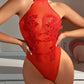 Sexy Halter-neck Sleeveless Sheer Water-soluble Floral Embroidery Lingerie Bodysuit