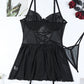 Sexy Lace Mesh See-Through Straps Cross Bow Mesh Ruffled Nightdress