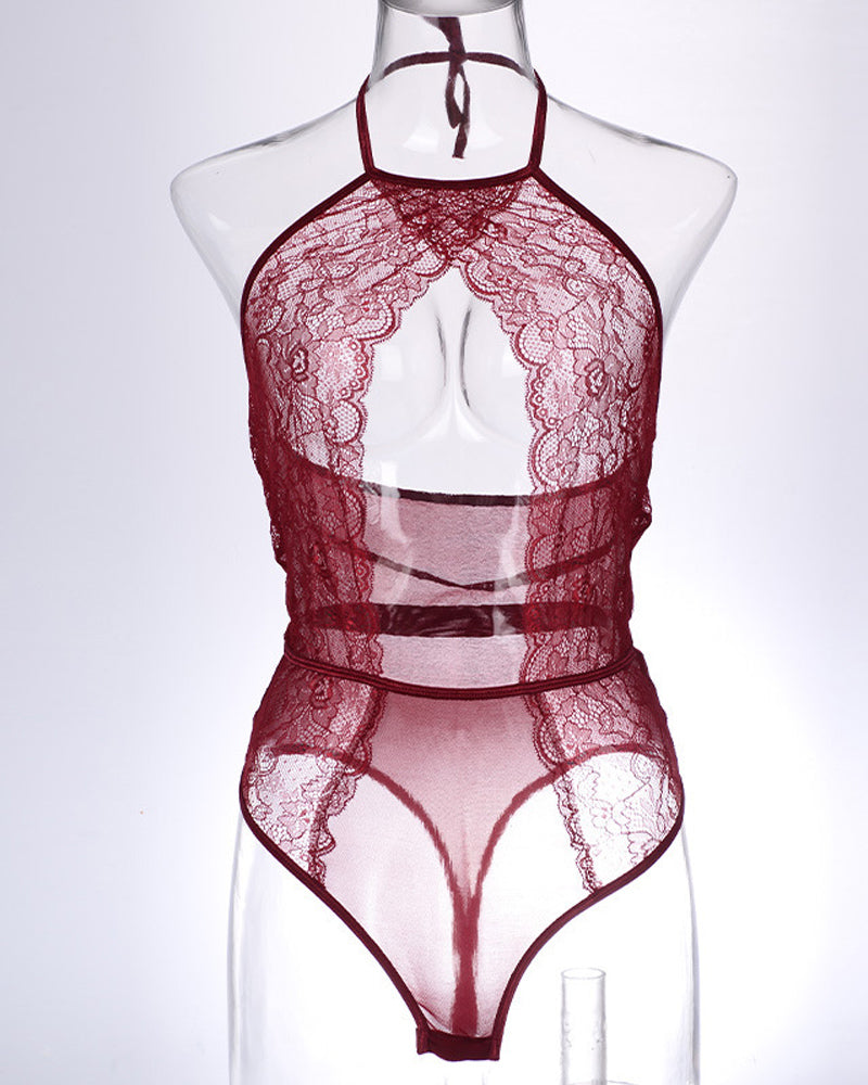 Sexy Lace Mesh Openwork Halter Bodysuit