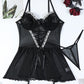 Sexy Lace Mesh See-Through Straps Cross Bow Mesh Ruffled Nightdress