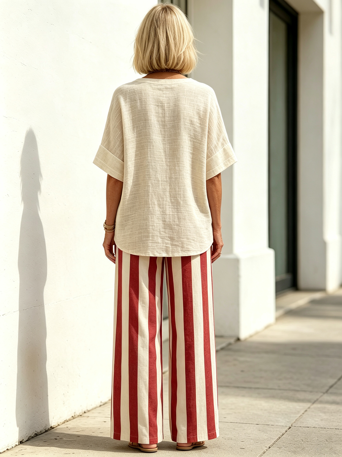 2Pcs Casual Cotton Linen Outfits Short Sleeve Loose Top with Striped Wide Leg Pants Set Summer Beach Vacation Holiday Streetwear Matching Sets