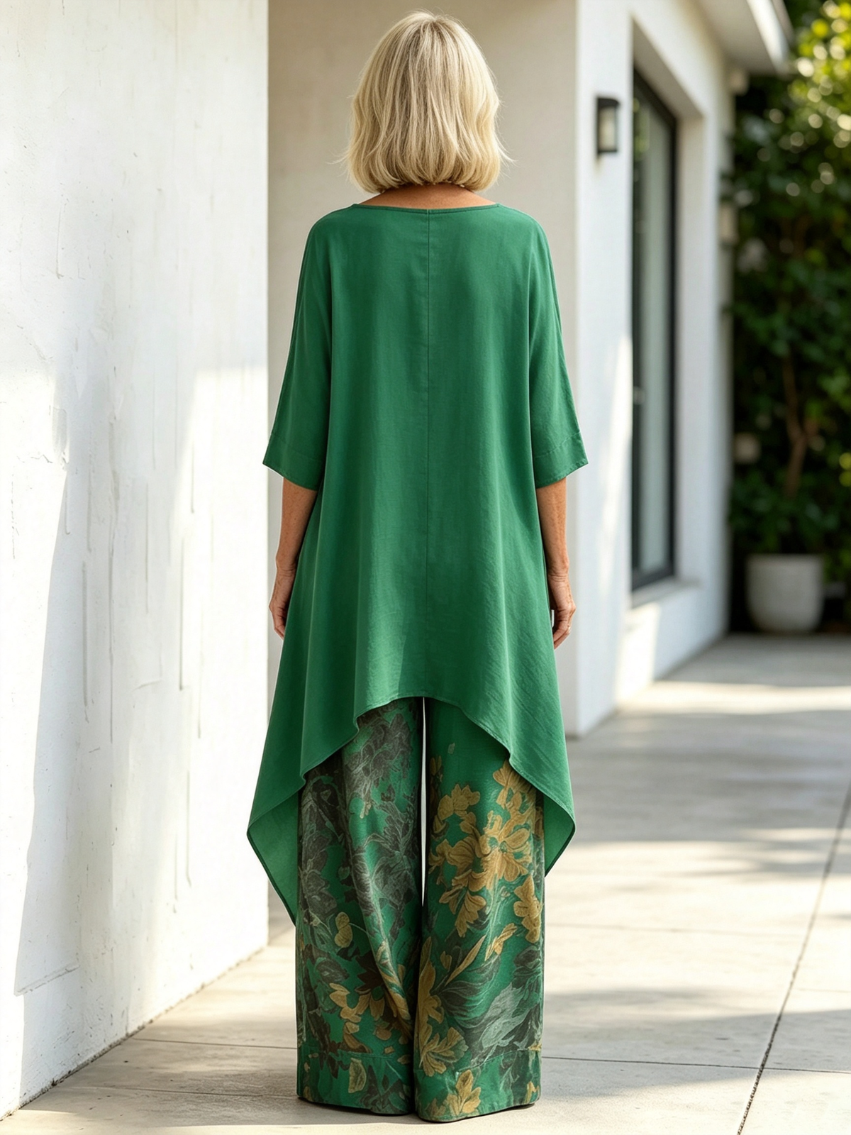 2‐Piece Outfit Set, Solid Color Asymmetrical Draped 3/4 Sleeve Boat Neck Top, Floral Printed High‐Waist Wide‐Leg Pants With Side Pockets, Loose Flow‐y Linen‐blend Fabric, Relaxed Silhouette For Daily Wear, Vacation And Casual Occasions