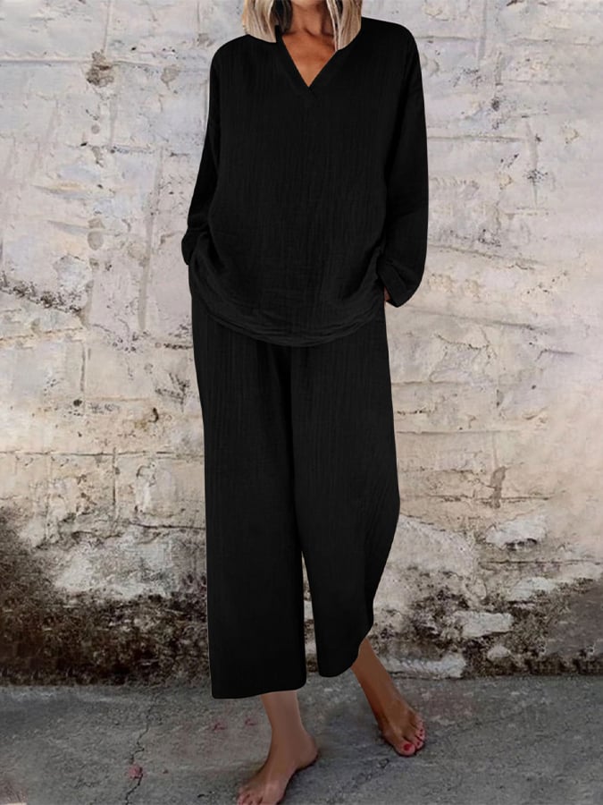 Women's Casual V-neck Pullover Long Sleeve + Pocket Trousers Cotton and Linen Suit