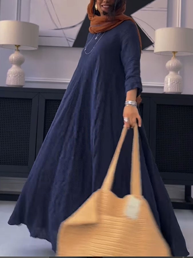 Women's Casual Solid Color V-Neck Long Sleeve Cotton and Linen Dress