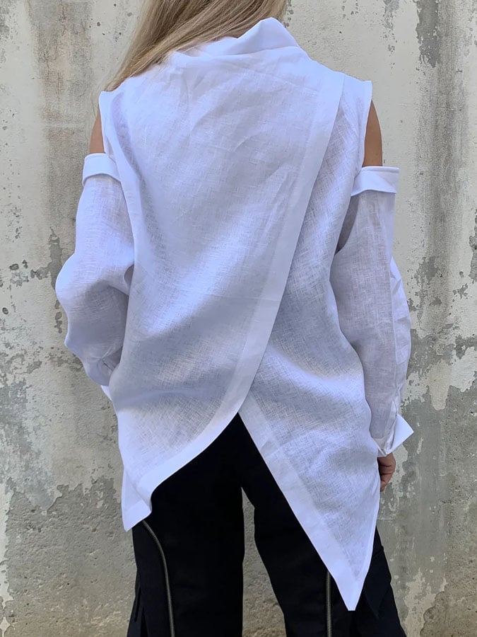 Women's Casual Solid Color Long Sleeve Irregular Hem Cotton Shirt