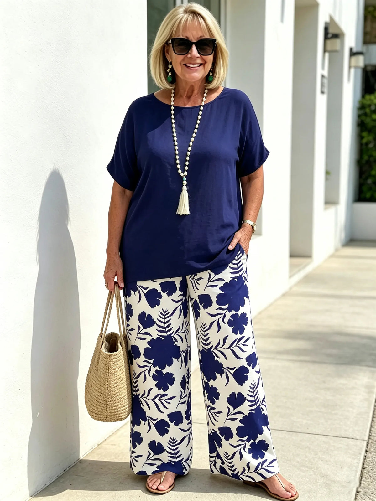 Elegant Two‐Piece Casual Suit for Women, Loose Solid Short Sleeve Top and High Waist Floral Printed Wide Leg Pants, Comfortable Relaxed Fit Co‐Ord Outfit, Fashionable Loungewear for Summer Daily Holiday Occasions