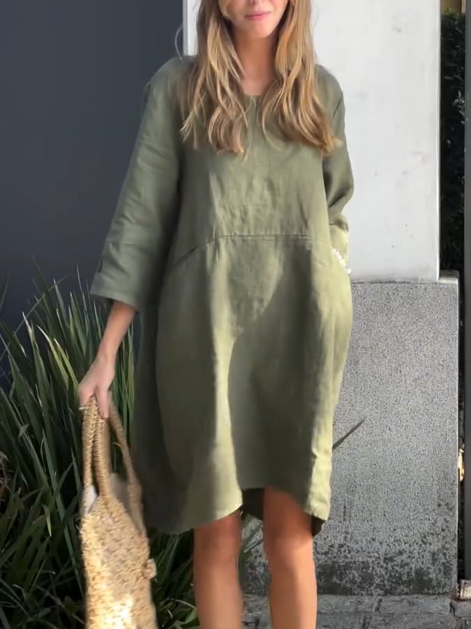 Women'S Casual Solid Color Round Neck Cotton And Linen Dress