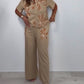 Women'S Casual Lapel Short-Sleeved Floral Embroidered Cotton And Linen Two-Piece Suit