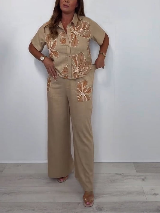 Women'S Casual Lapel Short-Sleeved Floral Embroidered Cotton And Linen Two-Piece Suit
