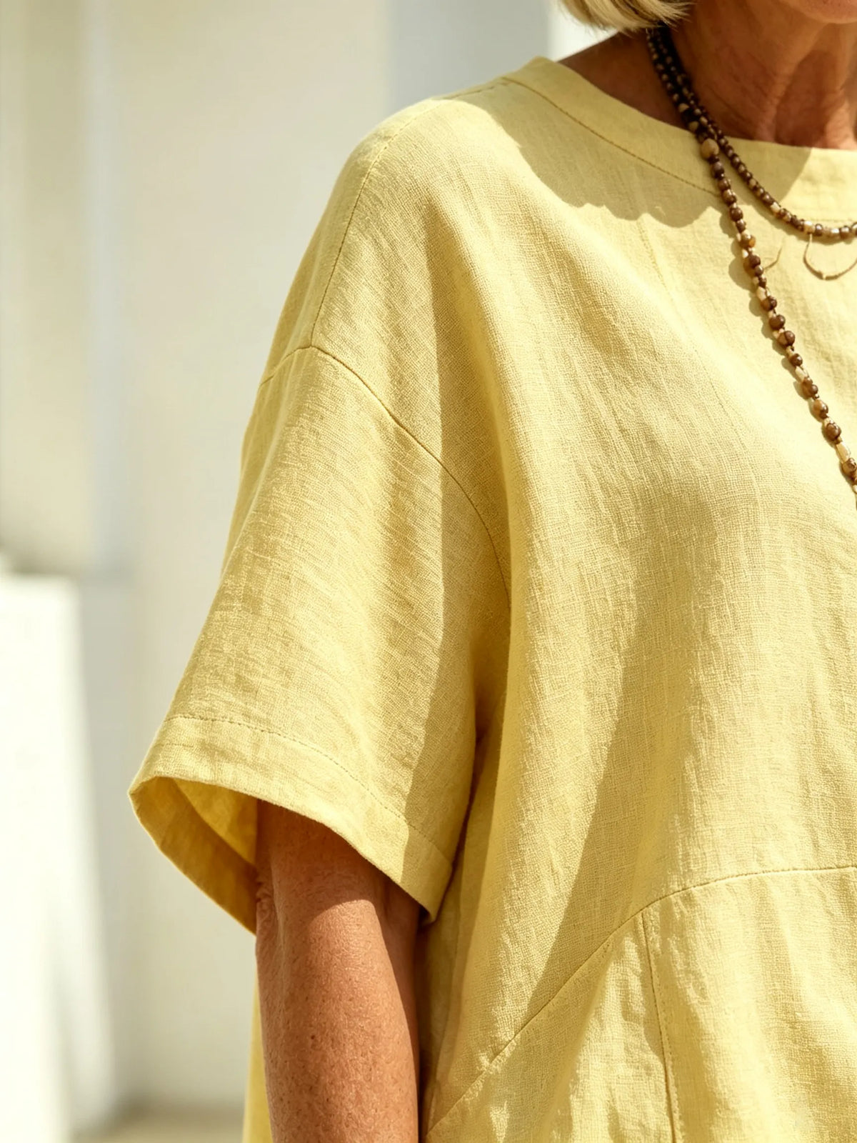 2Pcs Solid Color Cotton Linen Two-piece Outfit, Round Neck Short Sleeve Irregular Hem Tunic Top, Wide Leg Long Pants, Loose Relaxed Fit, Lightweight Breathable Fabric, Flowy Casual Coordinate Set for Daily, Holiday and Outdoor Occasions