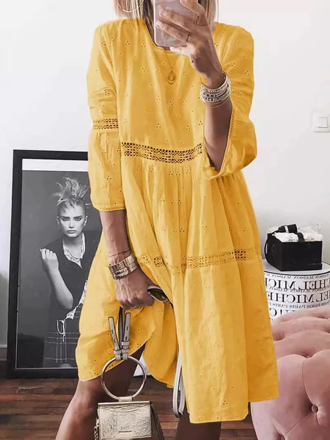 Women'S Lace Patchwork Hollow Embroidery Three-Quarter Sleeve Dress