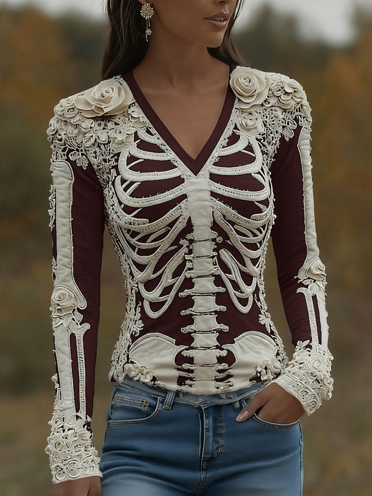 Women's Halloween Skeleton Bones With Roses Art Casual Long Sleeve V Neck T-shirt