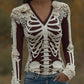 Women's Halloween Skeleton Bones With Roses Art Casual Long Sleeve V Neck T-shirt