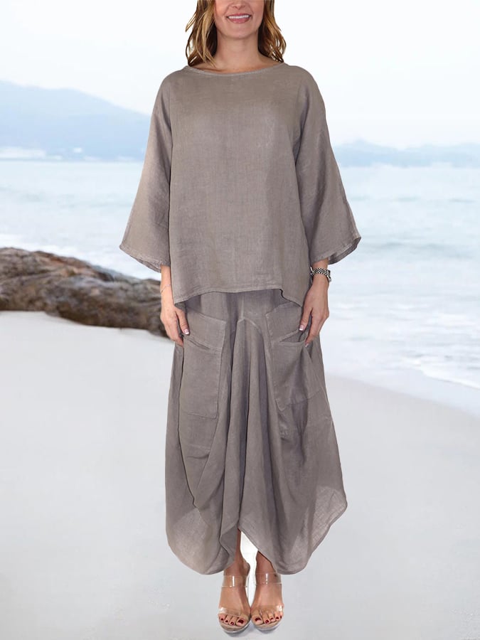 Women'S Casual Round Neck Solid Color Loose Skirt Two-Piece Set