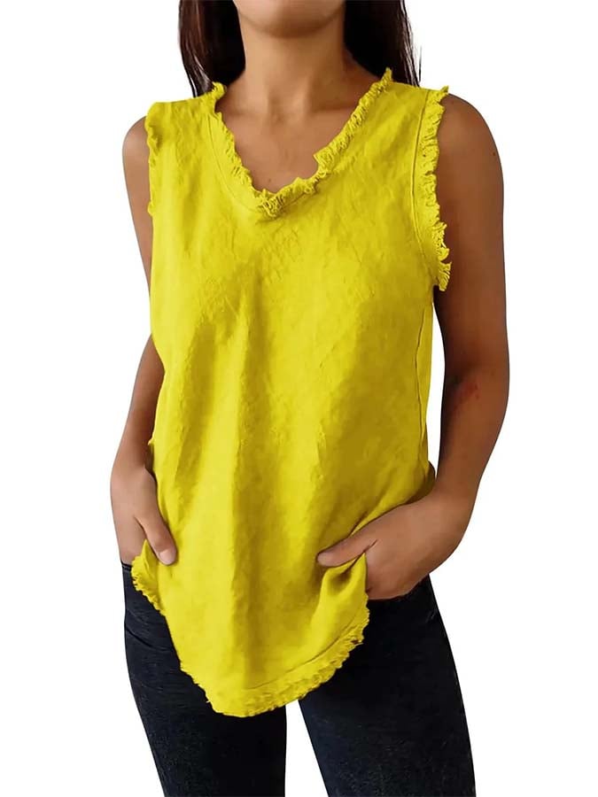 Women'S Sleeveless Tassel Stitching Casual Solid Color Cotton And Linen Vest