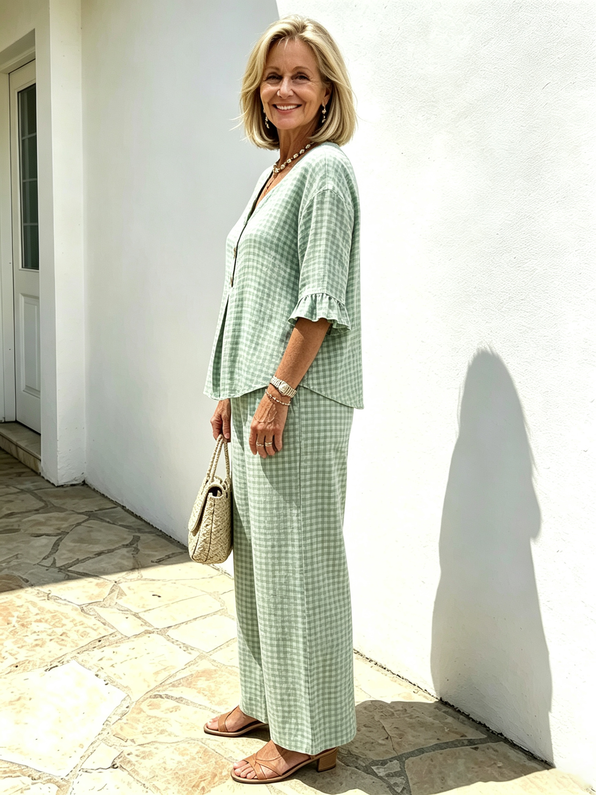 Women Elegant Linen Blend Plaid Two-Piece Casual Pant Set, Woven Textured Gingham Check Pattern Matching Outfit, Notch V-Neck Three Wooden Button Front Top With Ruffle Flared 7/4 Length Bell Flounce Sleeves, Loose High Waist Wide Leg Full Length Trousers