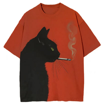 Black Cat Smoking A Cigarette Vintage Washed Unisex T-Shirt