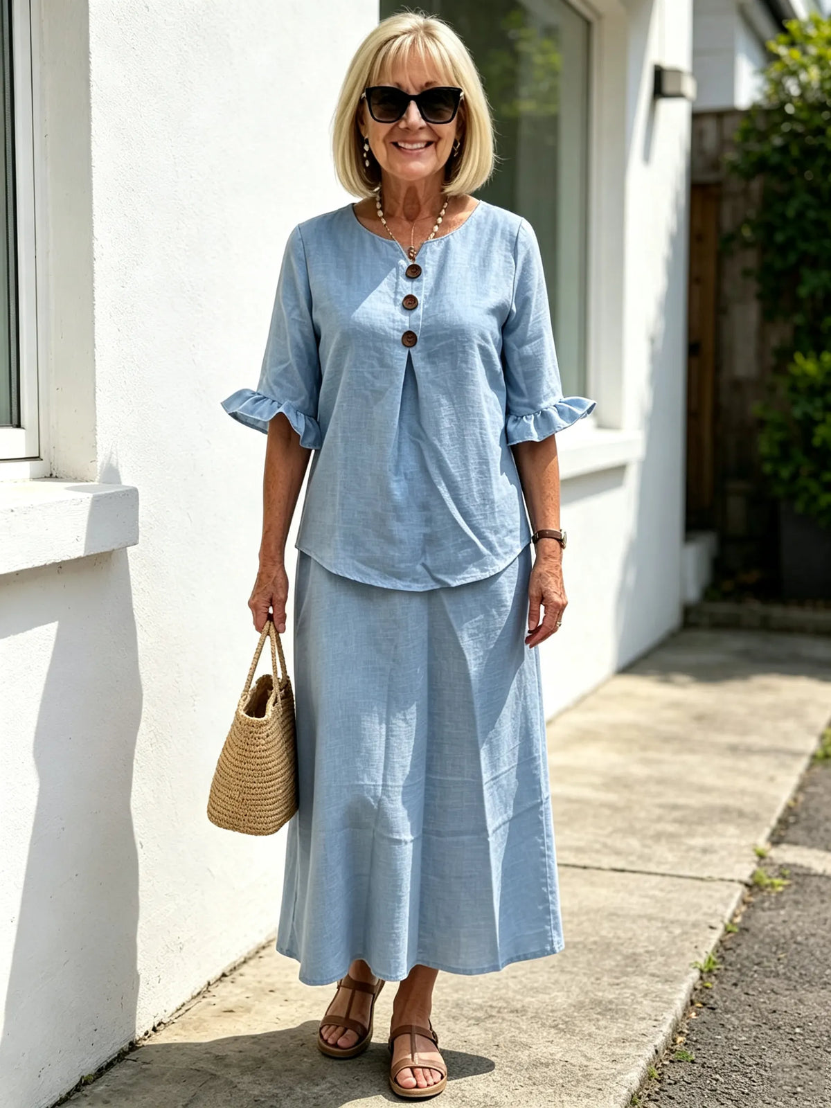 2Pcs Casual Matching Top and Skirt Set, V Neck Button Placket Blouse, Ruffle Edge Seven-quarter Sleeve, Solid Lightweight Linen-like Fabric, Loose A-line Midi Skirt, Relaxed Fit Co-Ord Outfit for Daily Wear and Vacation
